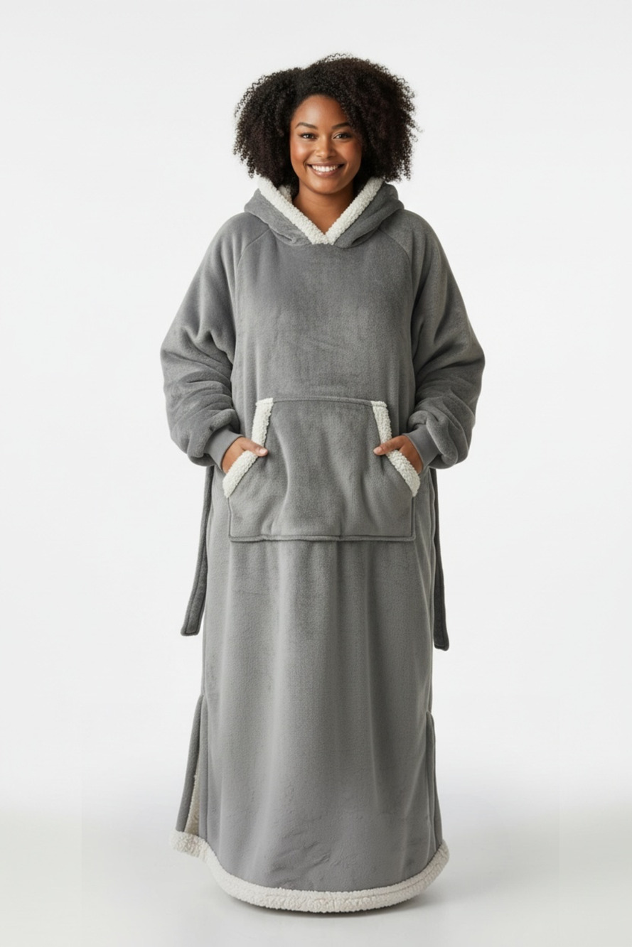 Bedsure Oversized Long Sherpa Fleece Wearable Blanket Hoodie Robe - Gray (A076)